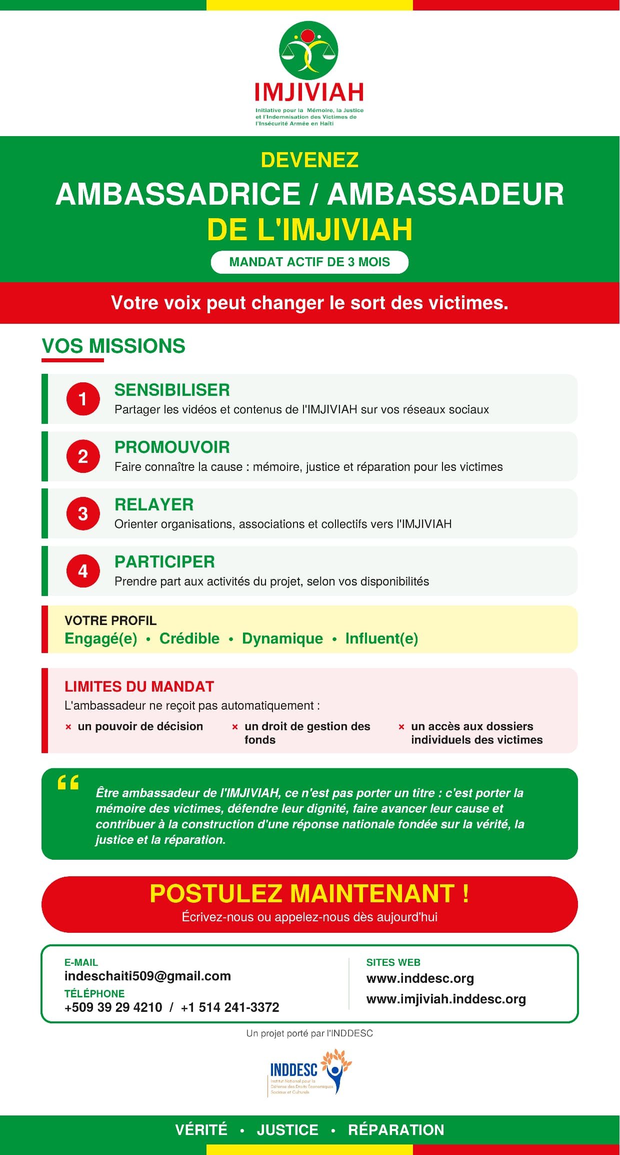 L’INDDESC lance un appel à candidatures pour recruter des ambassadeurs de l’IMJIVIAH